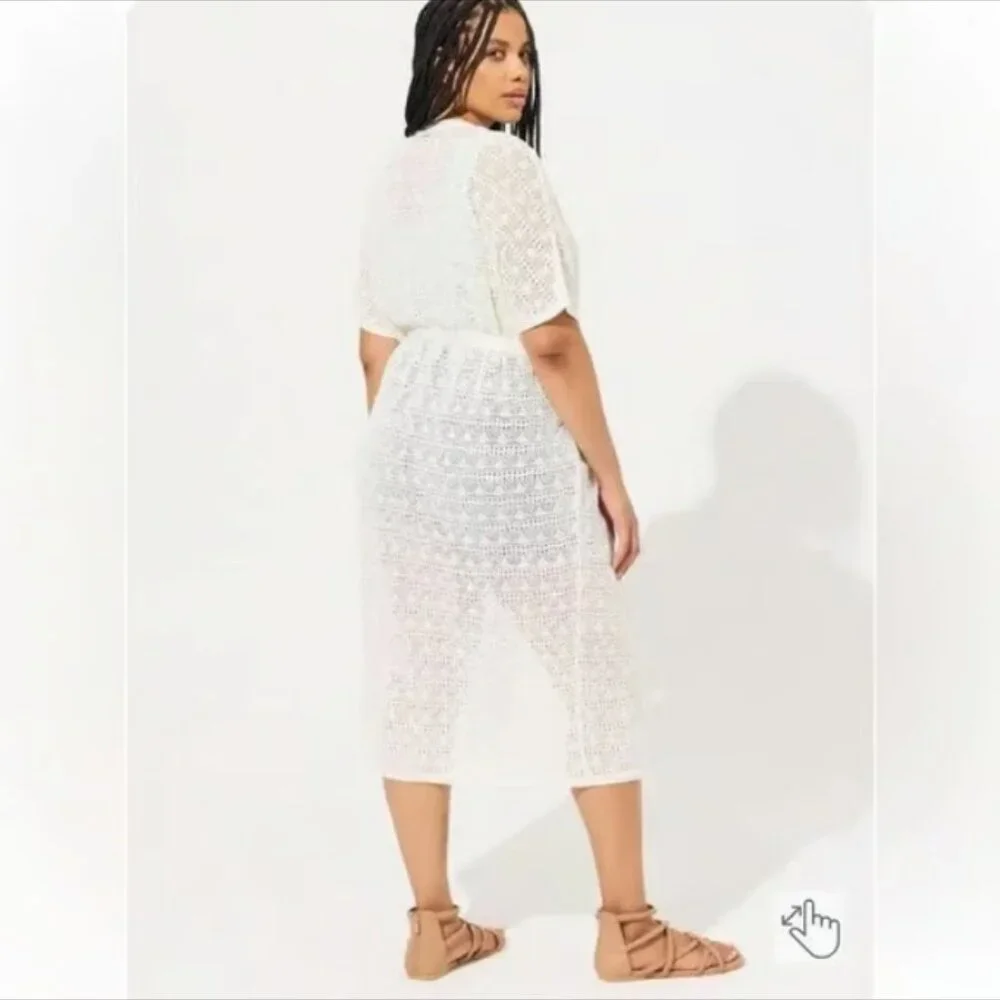 NEW Crochet Duster Short Sleeve Tie Waist Sweater White‎ Longline Cardigan